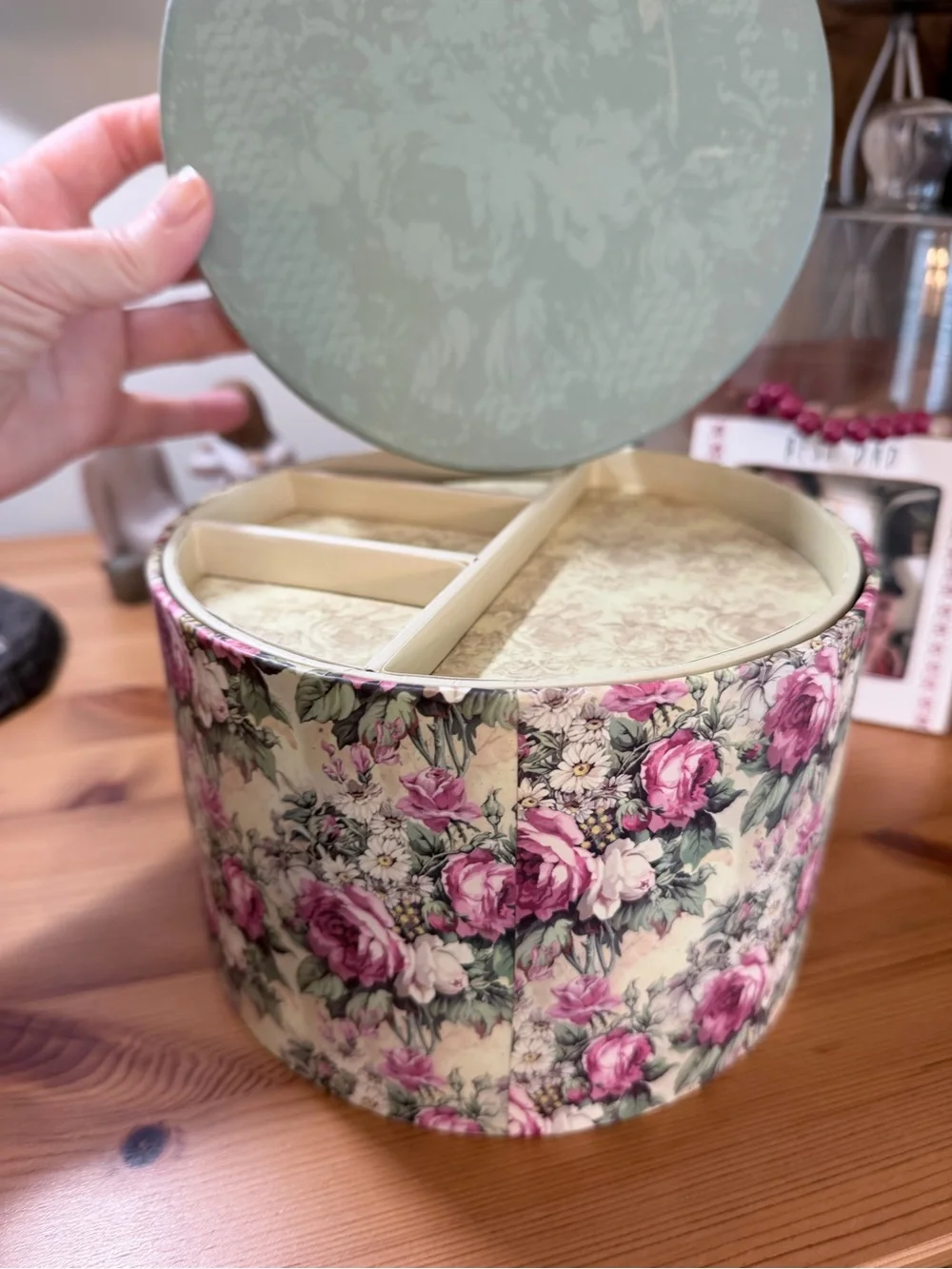 Floral Round Jewelry Organizer Box with Removable Tray - Pink